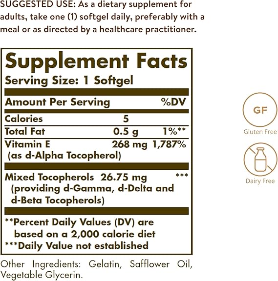 Solgar Vitamin E 268 mg (400 IU) Mixed Softgels (d-Alpha Tocopherol & Mixed Tocopherols) 100softgel