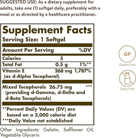 Solgar Vitamin E 268 mg (400 IU) Mixed Softgels (d-Alpha Tocopherol & Mixed Tocopherols) 100softgel