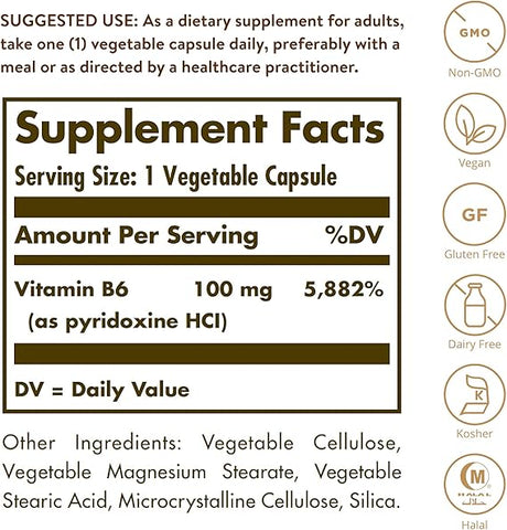 Solgar Vitamin B6 100 mg Vegetable Capsules 250V cap