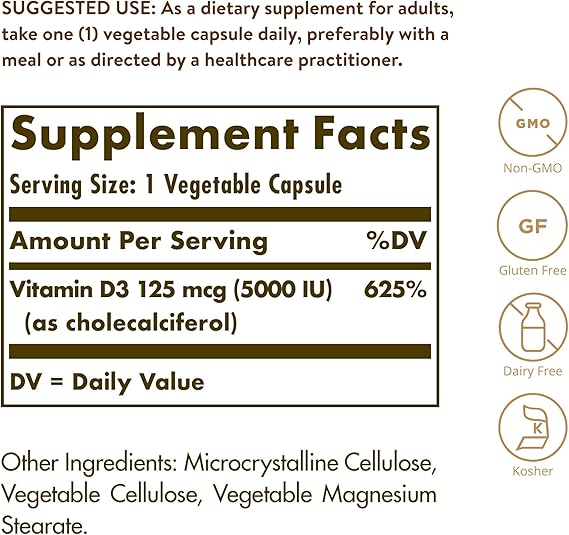 Solgar Vitamin D3 (Cholecalciferol) 125 mcg (5,000 IU) Vegetable Capsules 120V cap