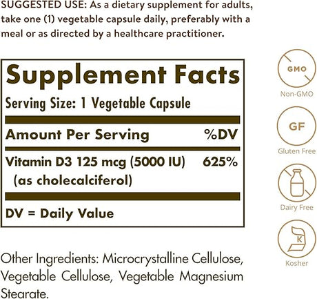 Solgar Vitamin D3 (Cholecalciferol) 125 mcg (5,000 IU) Vegetable Capsules 240V cap