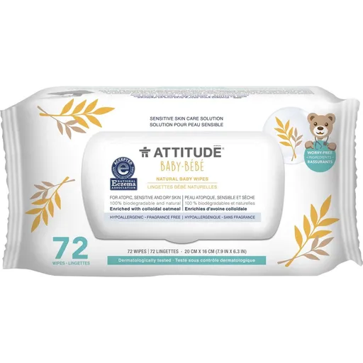 ATTITUDE Biodegradable Baby Wipes, Plant Based Unscented Diaper Wipes for Babies and Newborn, Dermatologically Tested, Vegan, 72 Count