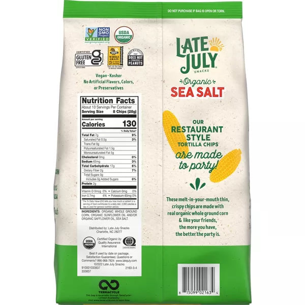 LATE JULY SNACKS Resturant Style, Sea Salt 10.1 OZ