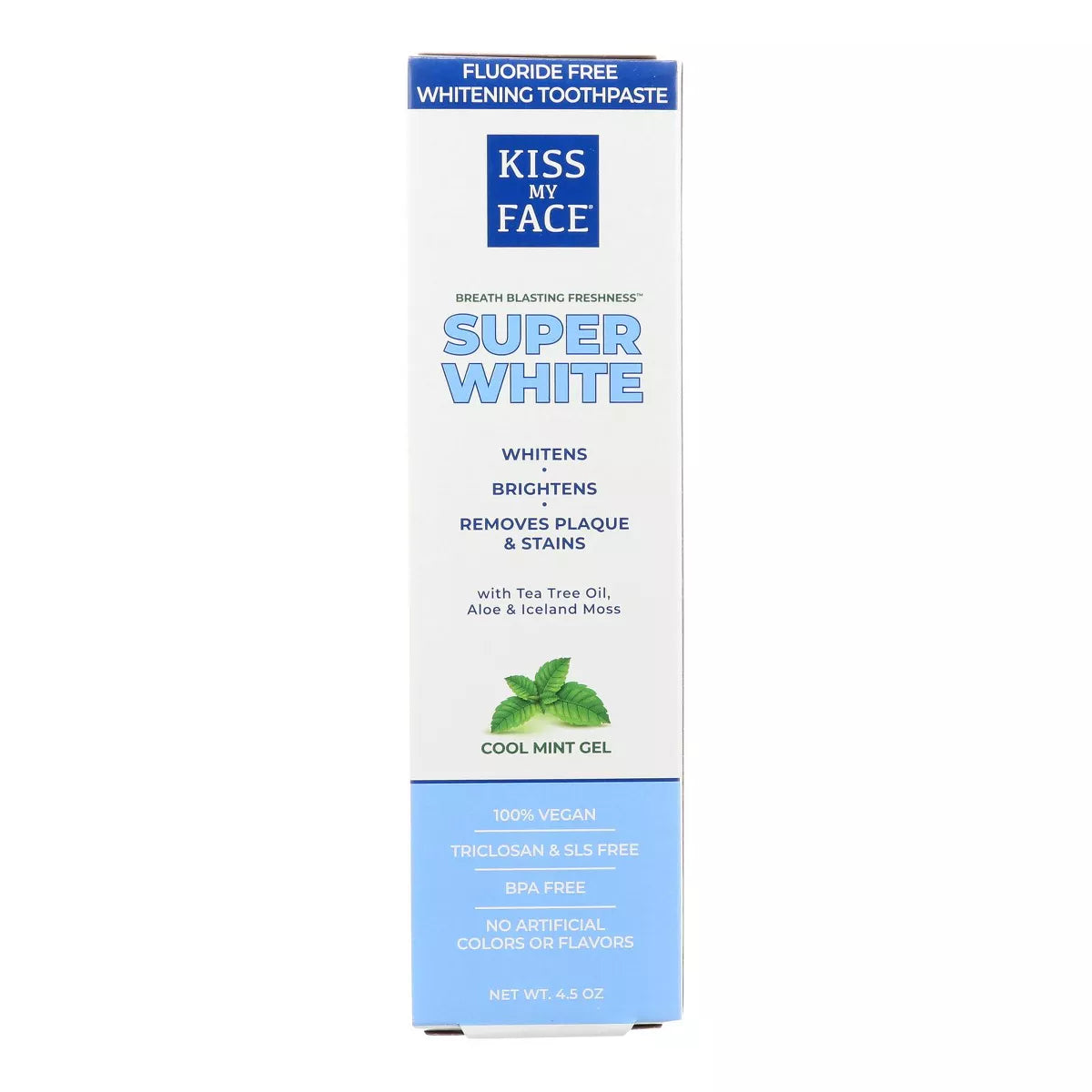 KISS MY FACE WHITENING COOL MINT GEL FLUORIDE FREE TOOTHPASTE 4.5OZ