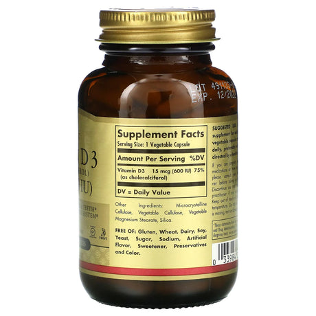 Solgar Vitamin D3 (Cholecalciferol) 15 mcg (600 IU) Vegetable Capsules 120V cap